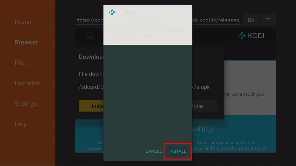 click install on kodi in firestick
