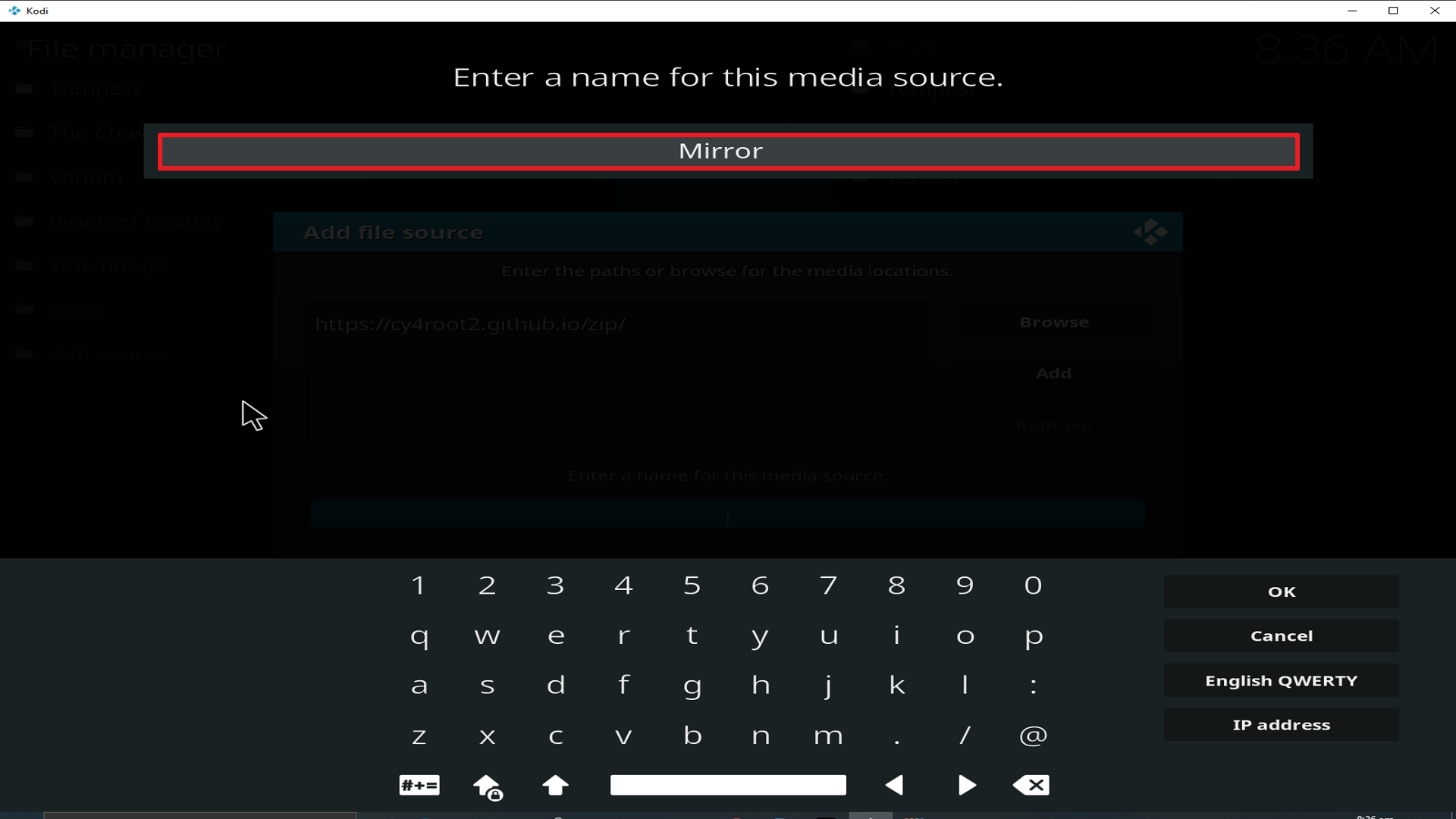 Step 12 Installing Mirror addon on Kodi