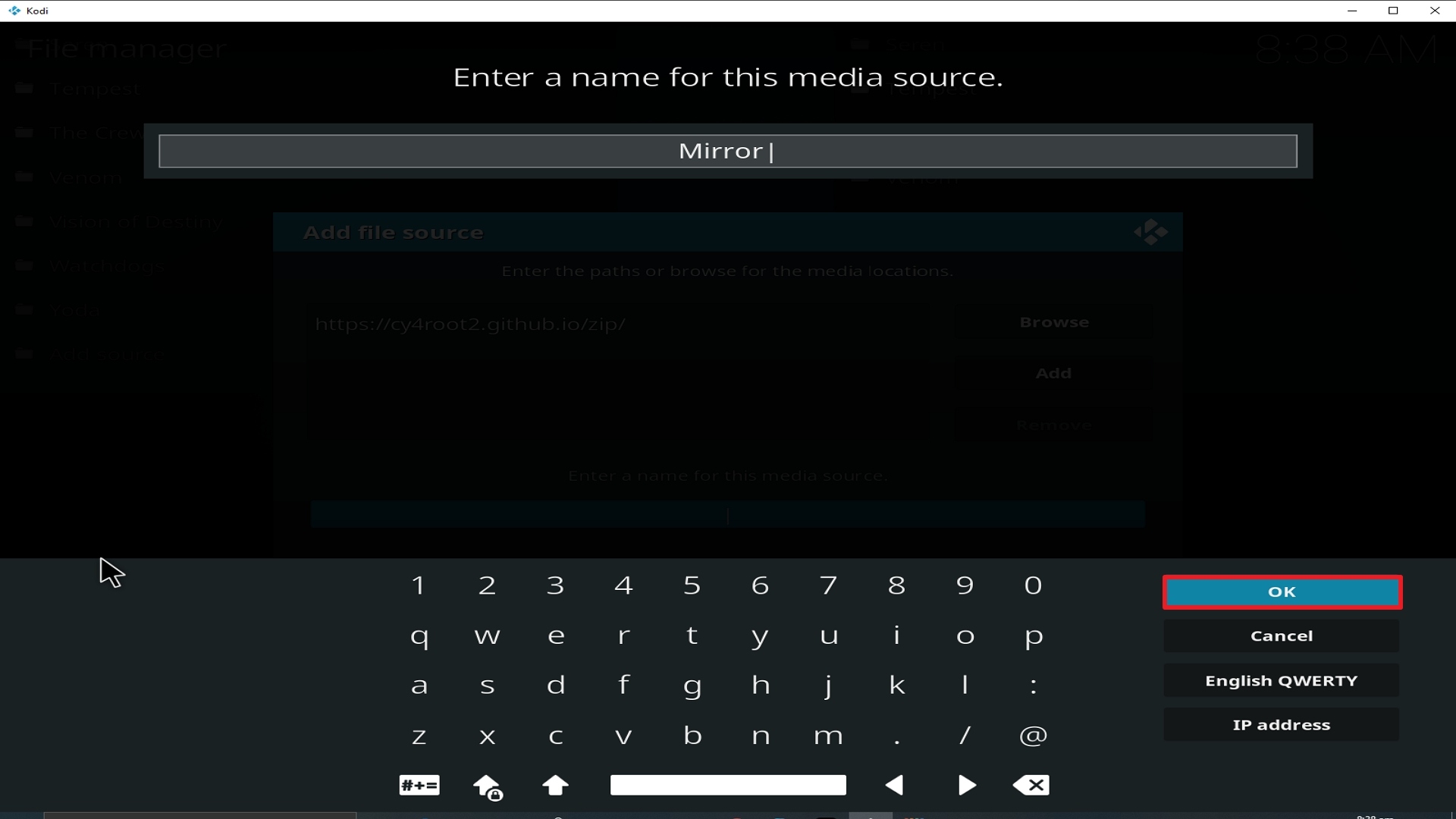 Step 13 Installing Mirror addon on Kodi