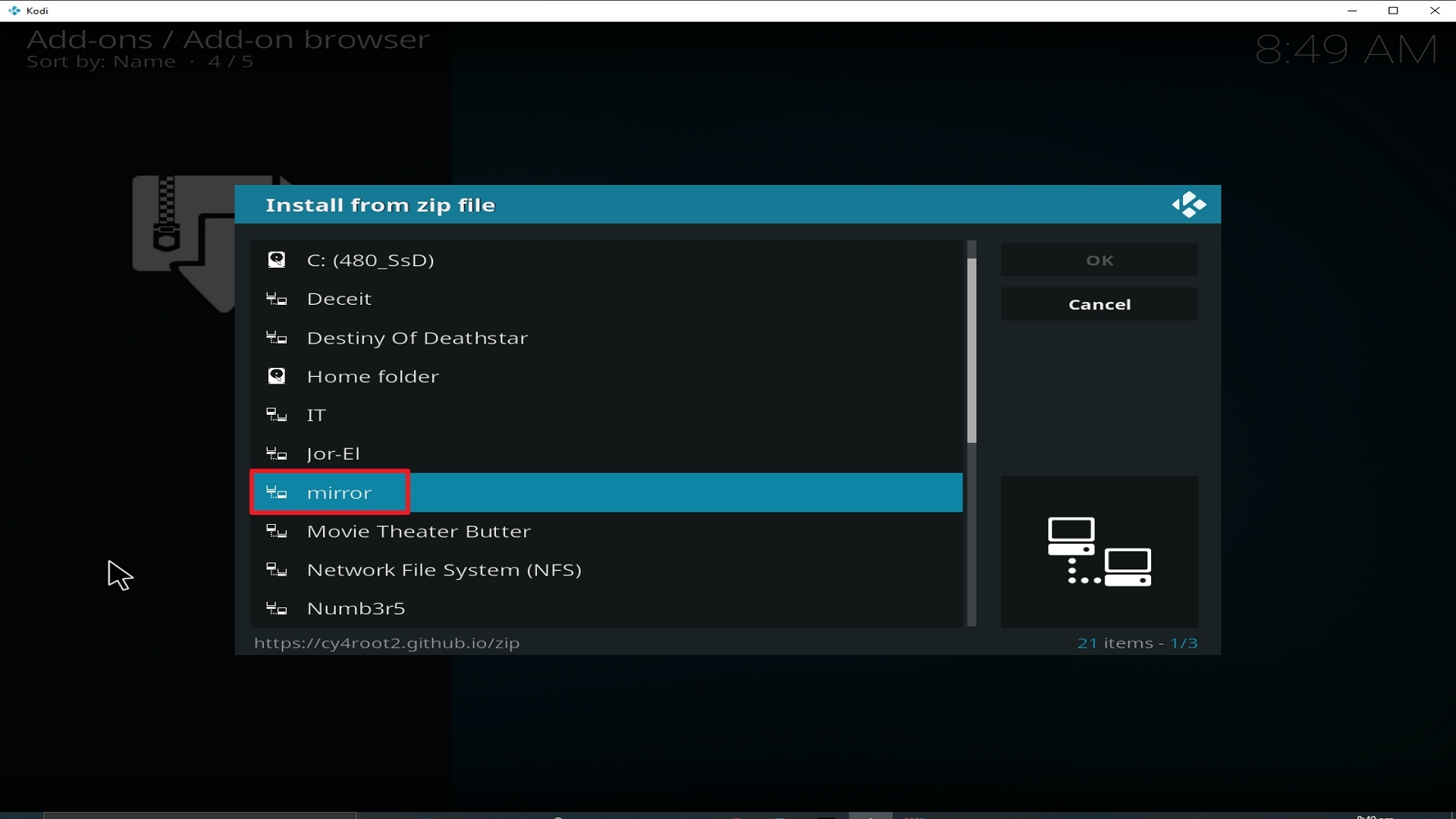 Step 17 Installing Mirror addon on Kodi