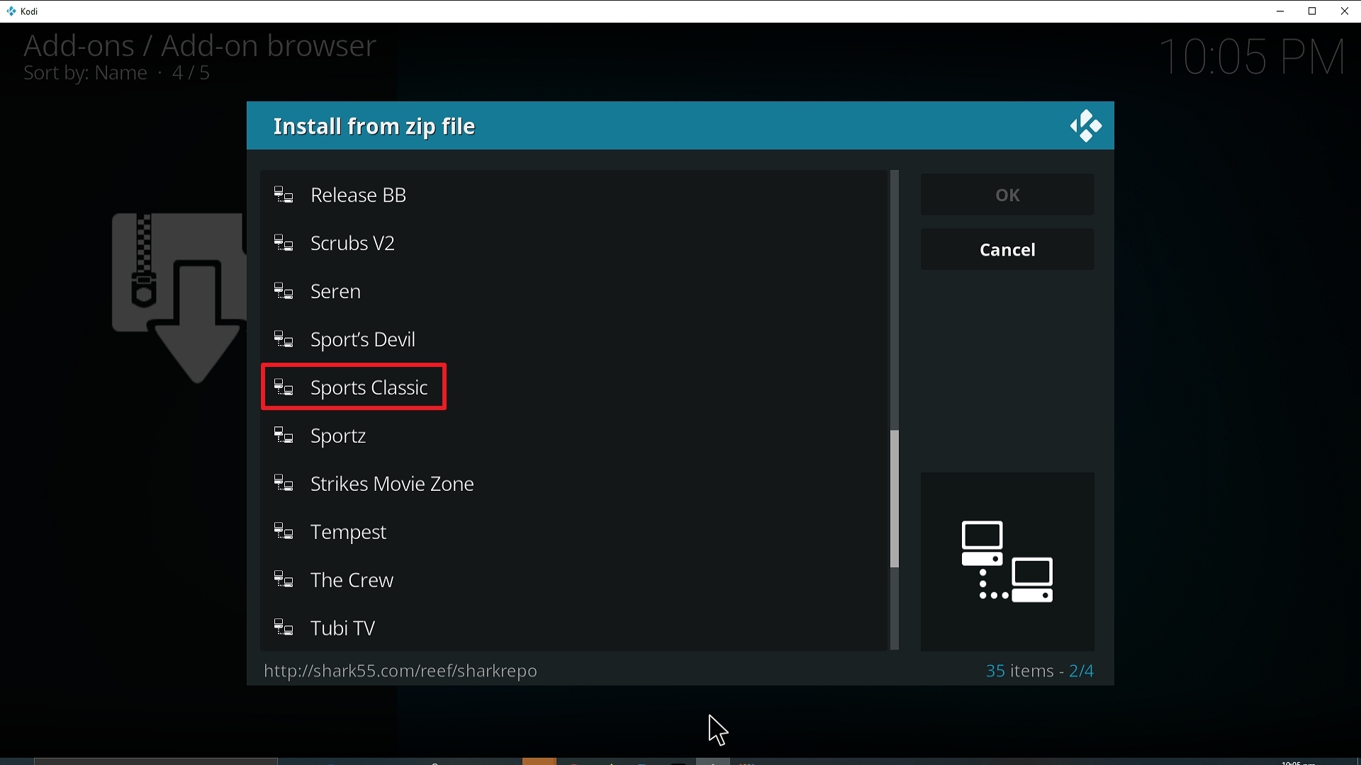 Step 17 Installing Sports Classic Kodi
