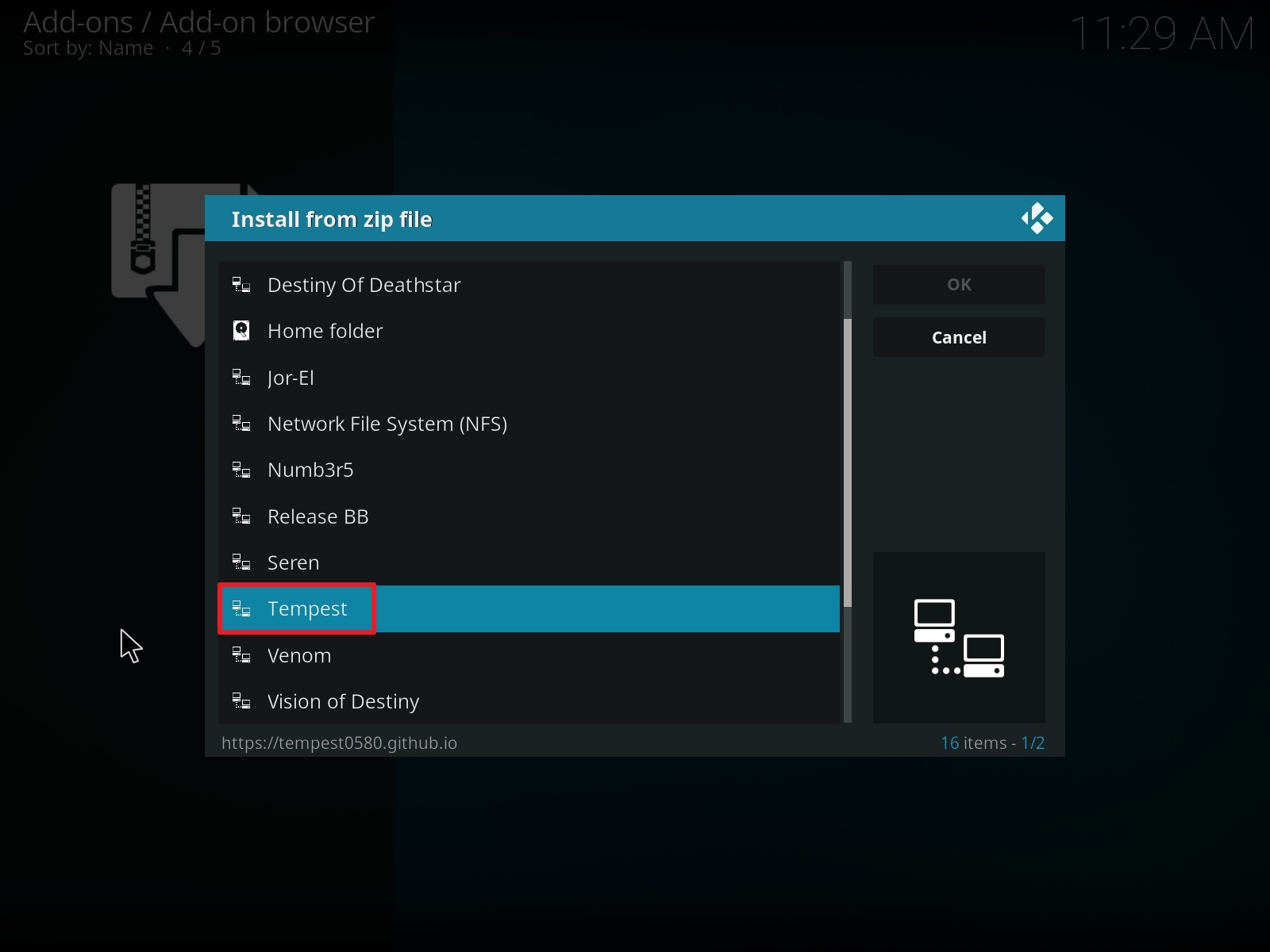 Step 17 Installing Tempest on Kodi