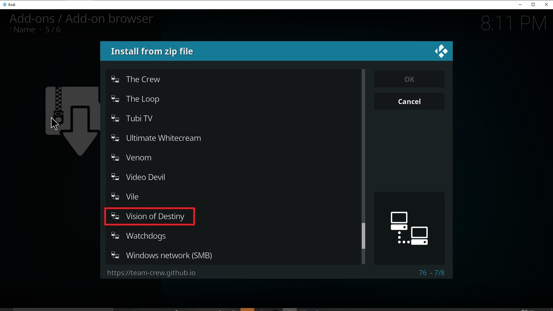 Step 17 Installing Vision of Destiny addon on Kodi