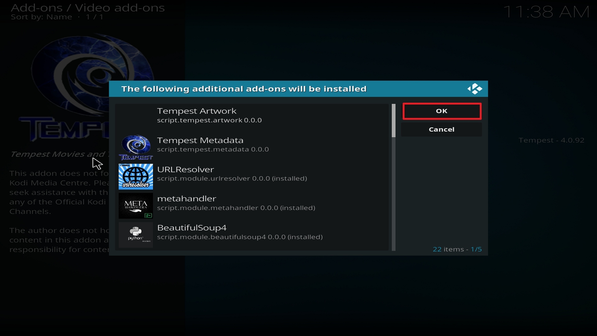 Step 24 Installing Tempest on Kodi