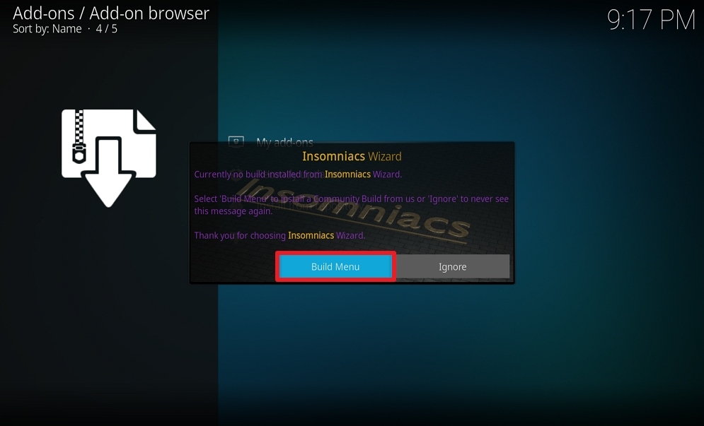 Step 22 Install Insomniacs Build on Kodi