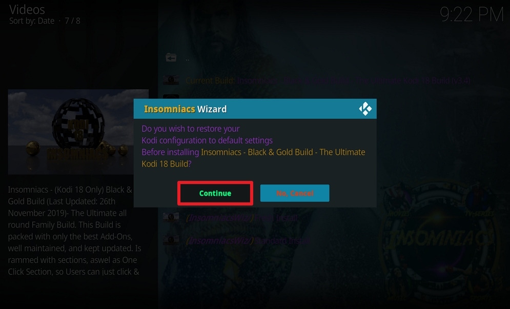 Step 25 Install Insomniacs Build on Kodi