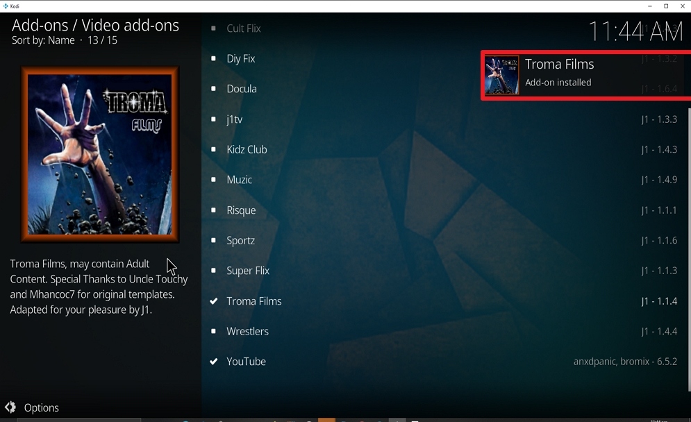 Steps 25 Install Troma Films Kodi add-on