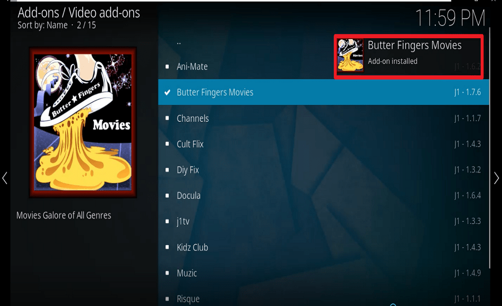 Step 26 Install Butter fingers movies kodi addon