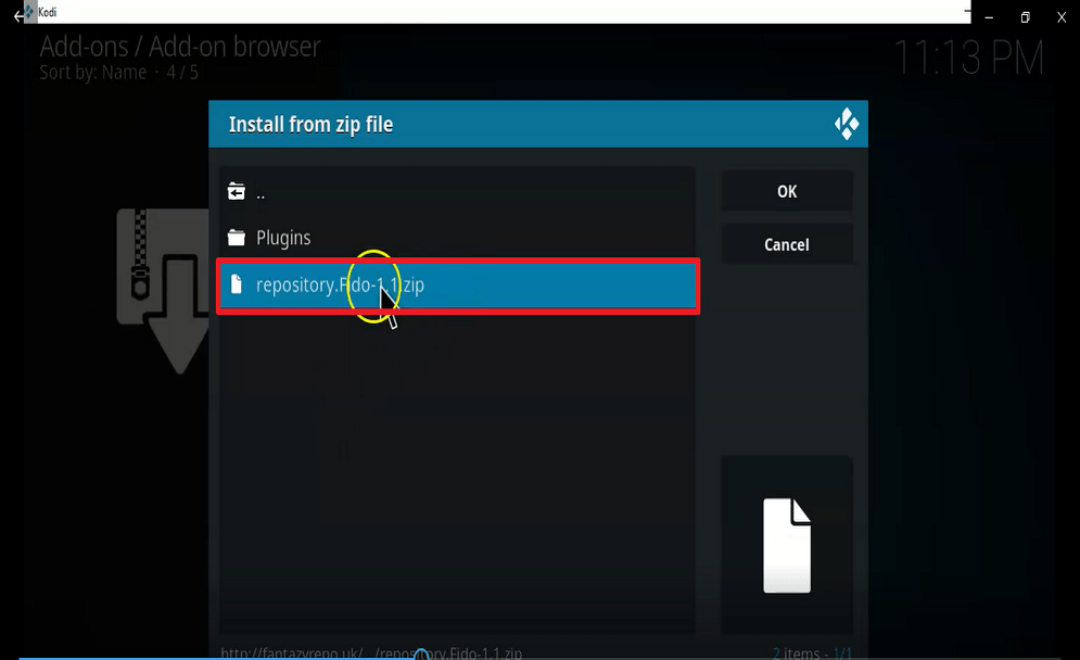 Step 18 Install fido kodi addon