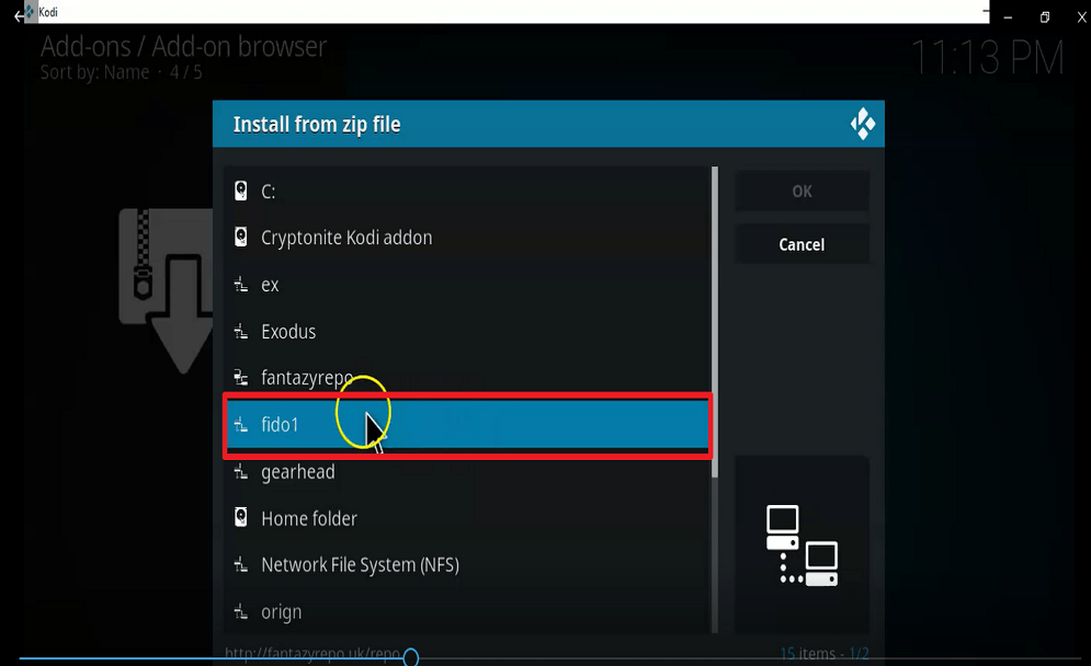 Step 17 Install fido kodi addon
