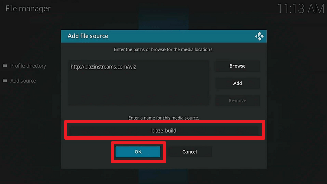 Installing the Blaze Kodi Build step 9