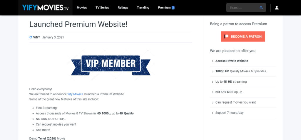 Watch Yify TV VIP Section