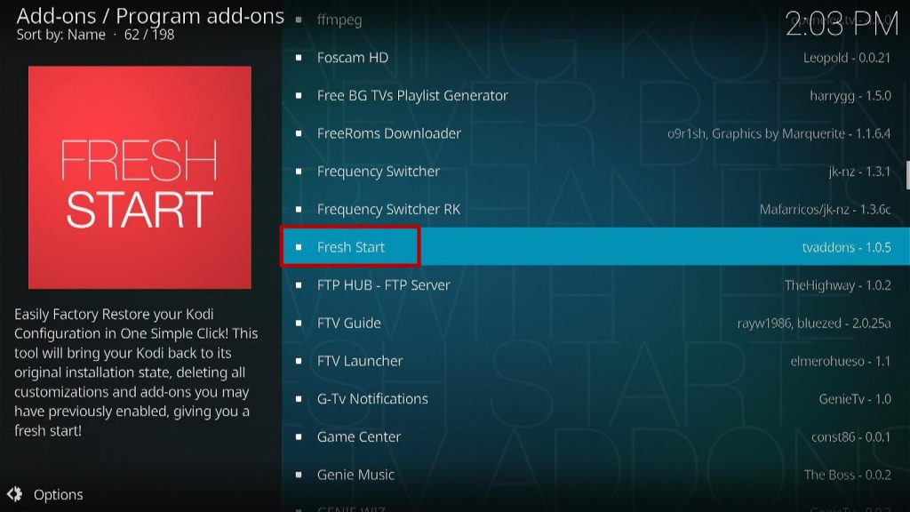 Install the Fresh Start Kodi Addon Step 1