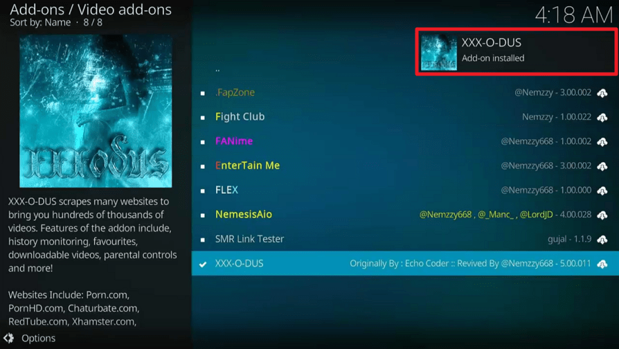 XXX-o-DUS Redux Kodi Addon on Firestick