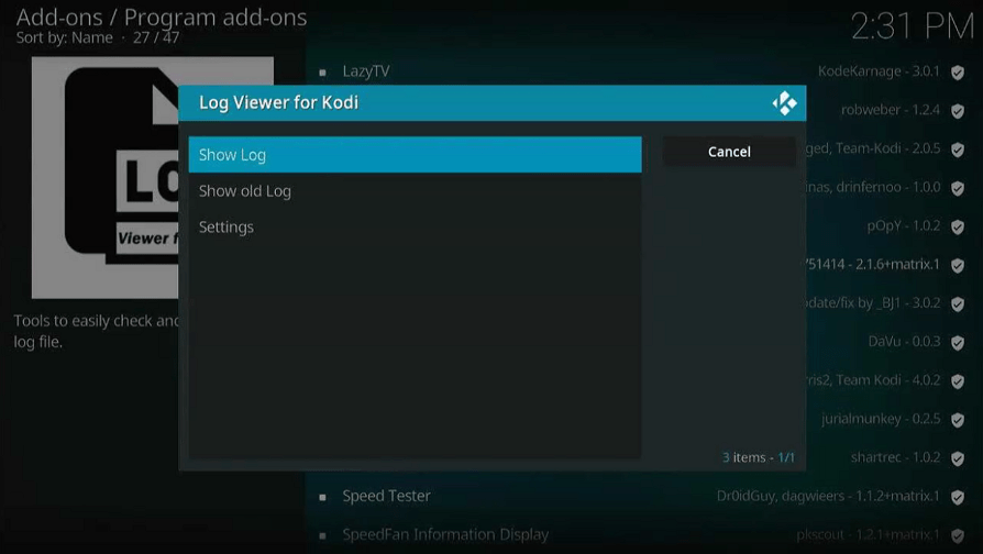 Install Log Viewer for Kodi